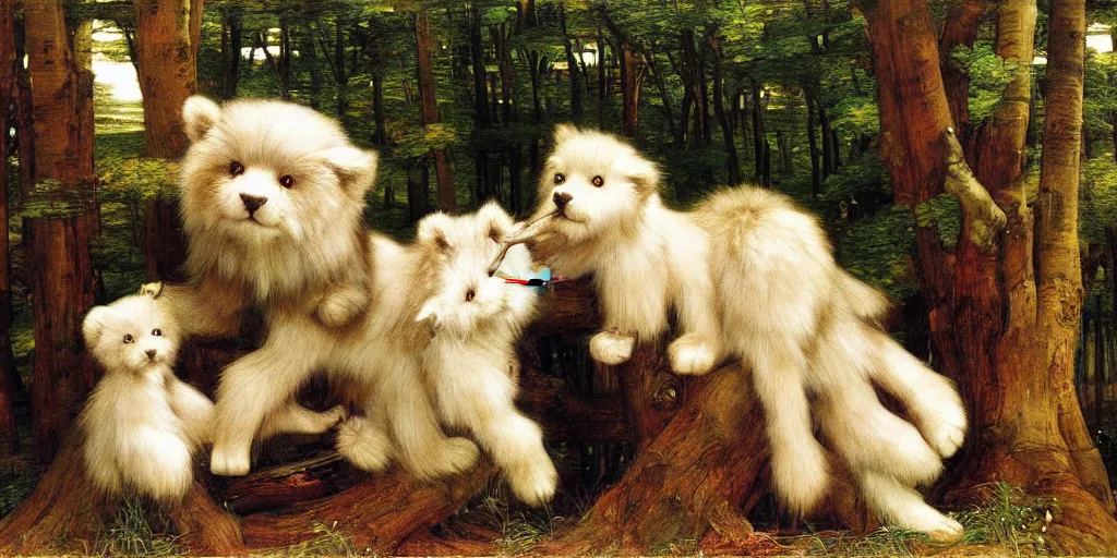 Prompt: 3 d precious moments plush animal, realistic fur, dead trees, master painter and art style of john william waterhouse and caspar david friedrich and philipp otto runge