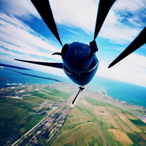 Image similar to pov on the back of a flying bird, a plane arriving in front