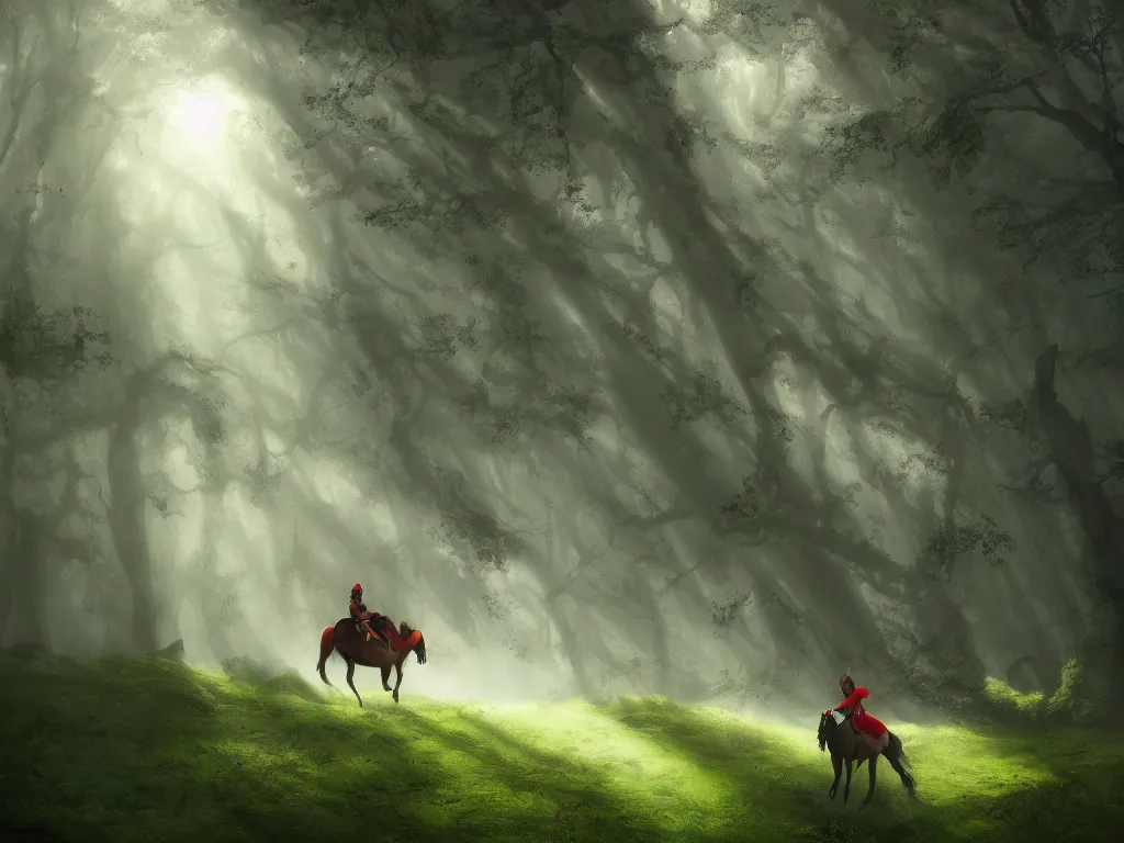 Prompt: a female beauty wearing a red cap rides through a dense green oak and beech forrest on a strong black horse, rays of life, cinematic, fantasy art, moody evening light, foggy, trending on artstation, by naoto hatori, by tyler jacobson