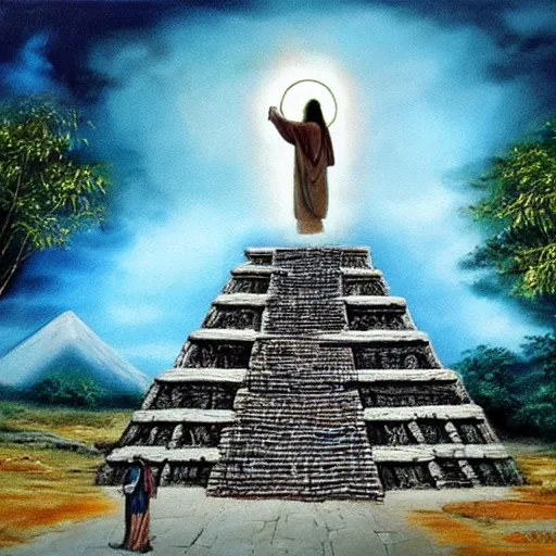 Prompt: a beautiful painting of jesus walking down a mayan pyramid