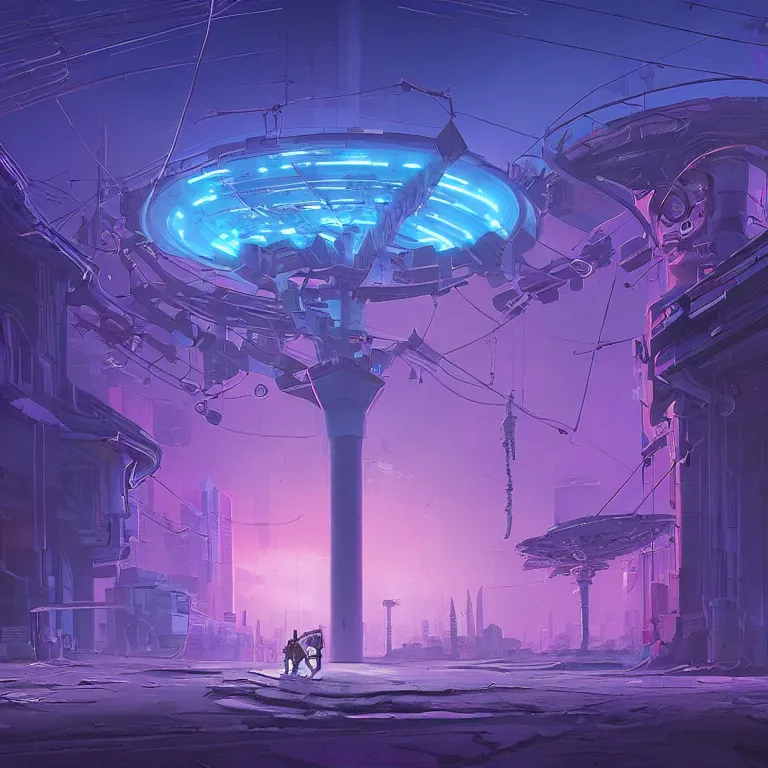 Image similar to a circle portal structure, cyberpunk, epic surrealism, indigo, purple, cyan, detailed digital matte painting in the style of simon stalenhag and painting by ralph mcquarrie