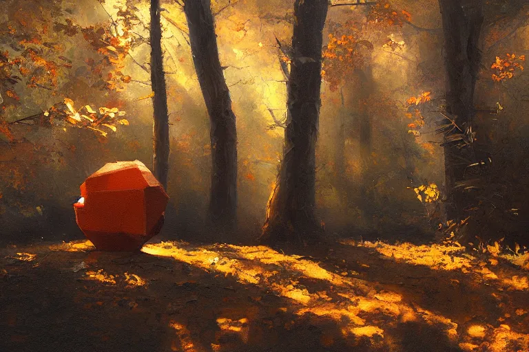 Image similar to An oil painting of an orange cube in a forest by Craig Mullins, dramatic lighting, realistic shadows, establishing shot, extremely high detail, artstation