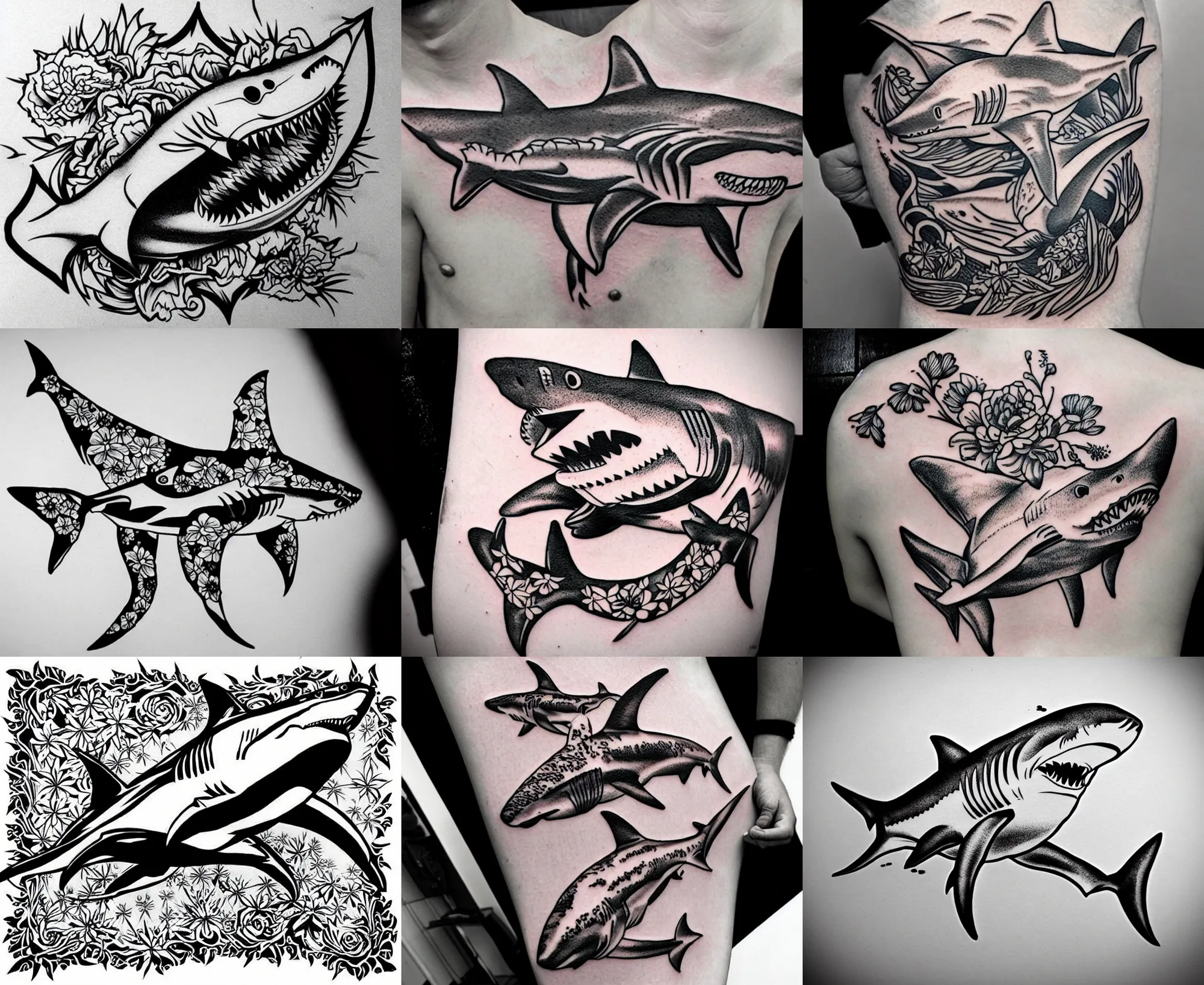 Image similar to detailed amazing tattoo stencil of a floral shark hunting