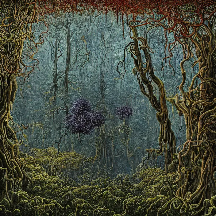 Image similar to surrealism by James McCarthy, charles burchfield art painting, beautiful arboreal forest by Maksymilian Novak-Zempliński, oregon washington rain forest by jonathan solter, the sun glitchart, glitch effect sunlight, alien dream worlds, hellscape by Gustave Doré, seascape by Gustave Doré, with surreal architecture, gregory Euclide, , vast surreal landscape and horizon by David Normal--cfg 11