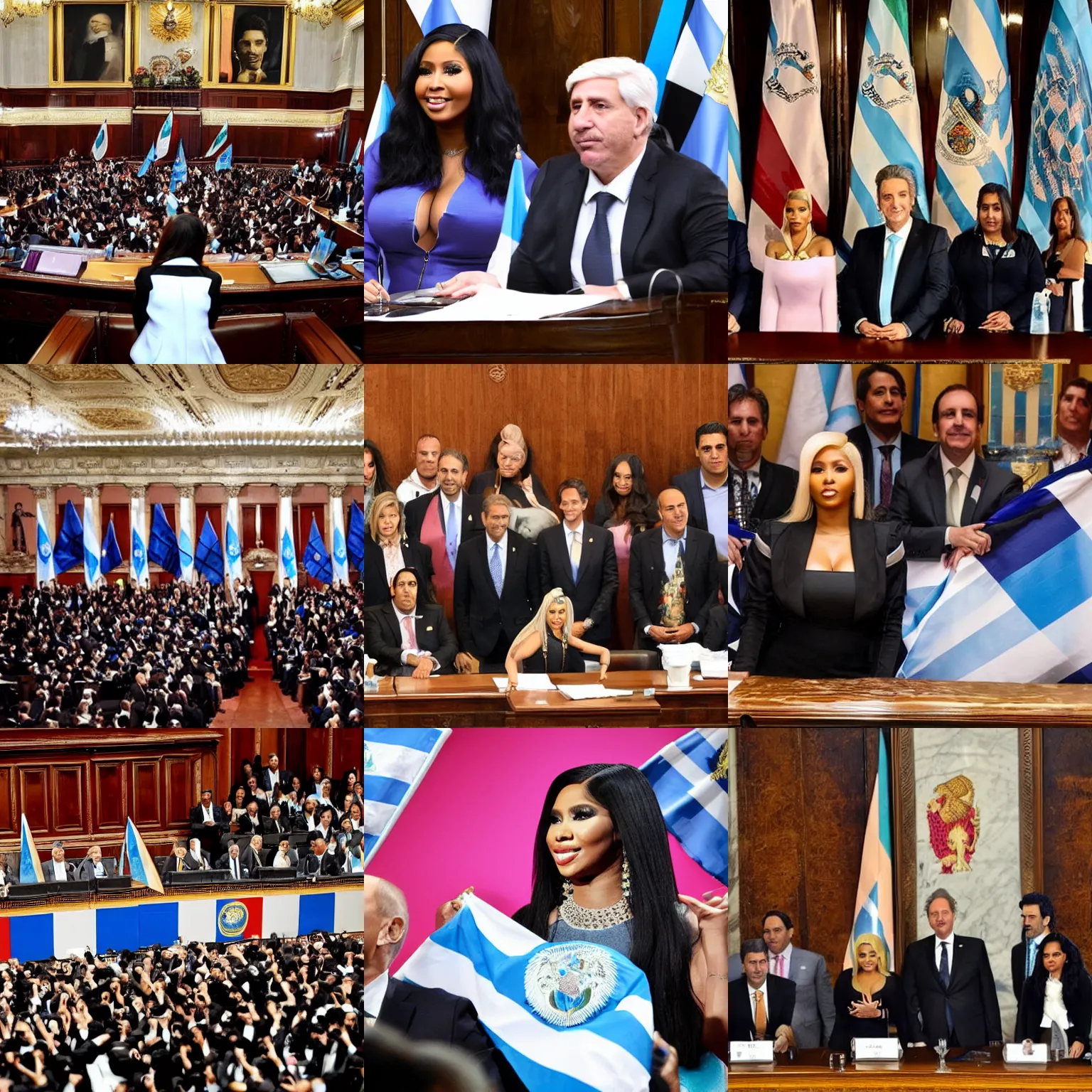 Image similar to Nicki Minaj president of Argentina, in the Argentine Congress, flags of Argentina behind, detailed picture