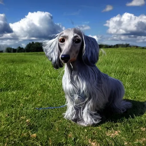 Image similar to photo of an elderly light gray overweight wire-haired dachshund with long hair floating in heaven, blue sky, white clouds