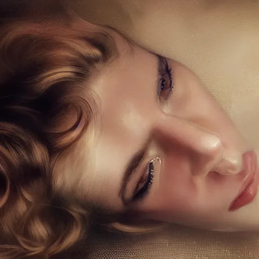 Prompt: stunning photo of vanessa kirby laying back on a pillow, dark - haired goddess with tears running down her face, a beautiful closeup, wet lips, perfect eyes, insanely detailed, elegant, by mucha, wlop, rutkowski, livia prima