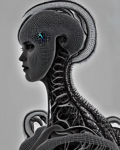 Image similar to a black and white 3D render of a beautiful portrait of a young female angelic-dragon-cyborg face with a very long neck, big clear eyes, thin nose, big lips, hair floating in the wind, 150 mm, flowers, Mandelbrot fractal, anatomical, flesh, facial muscles, veins, arteries, full frame, microscopic, elegant, highly detailed, flesh ornate, elegant, high fashion, rim light, ray trace, octane render in the style of H.R. Giger and Man Ray, Realistic, Refined, Digital Art, Highly Detailed, Cinematic Lighting, rim light, black and white, photo-realistic Unreal Engine, 8K