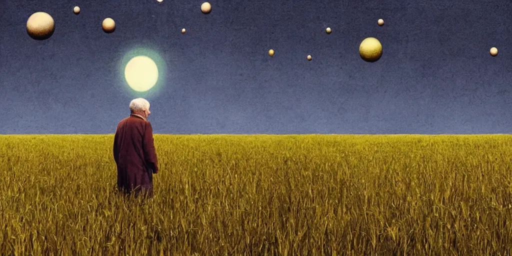 Image similar to an old man in a field looking at multiverse bubbles in the sky, scene from a stanley kubrick movie, in color