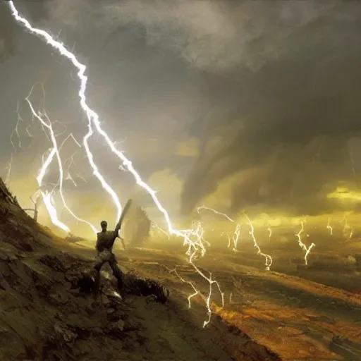 Image similar to a man with short blonde hair shooting lightning bolts at his enemy in battle. detailed matte painting. masterpiece. 4 k. fantasy art. by craig mullins. franzetta. repin