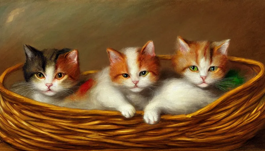 Image similar to highly detailed painting of green and red furry cats cuddling in a basket by william turner, thick brush strokes and visible paint layers, 4 k resolution