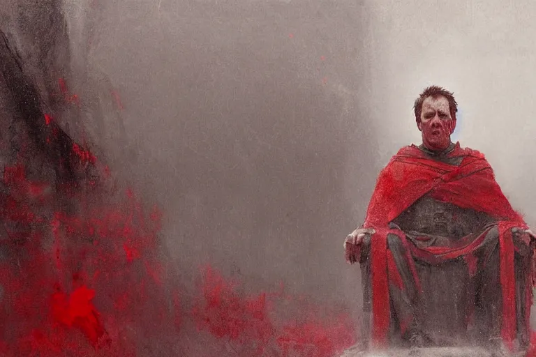 Image similar to the end is near. a tired julius caesar is sitting on his throne. face is highly detailed. splices of red are running down his toga. mist. color scheme red. low angle medium shot. imagined by jeremy lipking