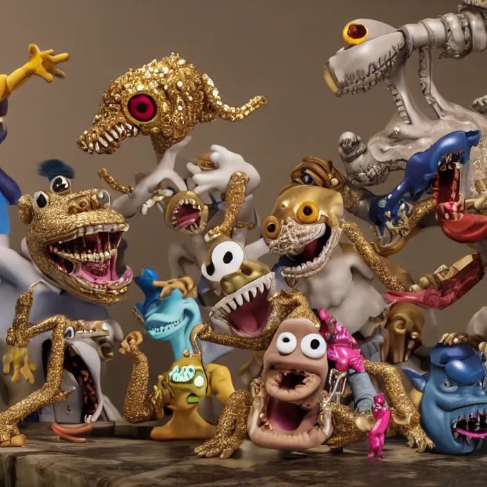 Image similar to jeff koons hip hop style street sharks wearing diamond grillz and a ton of bussdown iced gold bling in wallace & gromit claymation, ultra realistic, concept art, intricate details, serious, highly detailed, photorealistic, octane render, 8 k, unreal engine, art by todd mcfarlane and artgerm and greg rutkowski and alphonse mucha