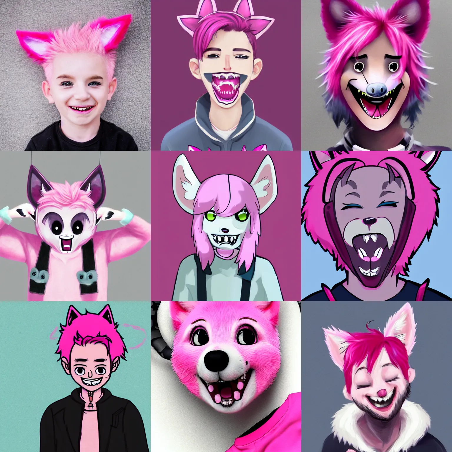 Prompt: cute boy with pink hair and pink wolf ears, smiling, fangs, piercings, wearing collar and onesie, artstation, artistic