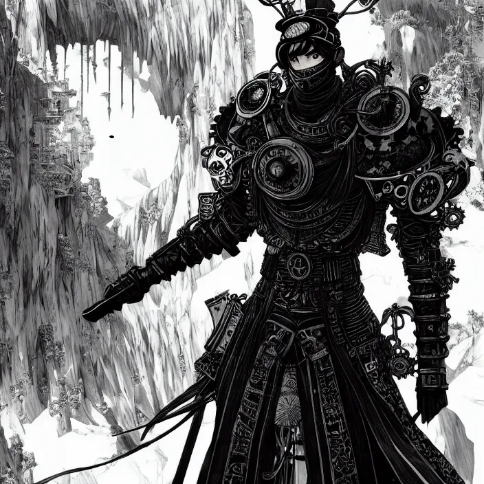 Image similar to a vertical portrait of a manga character in a scenic environment by nihei tsutomu, black and white, dreamy, steampunk armor, highly detailed, render