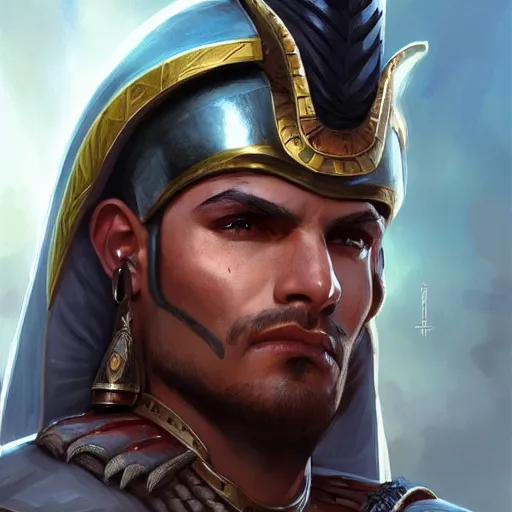 Image similar to male egyptian warrior, D&D, painted fantasy character portrait, headshot, intricate, elegant, highly detailed, digital painting, artstation, concept art, sharp focus, illustration, art by artgerm and greg rutkowski and alphonse mucha