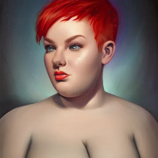 Image similar to beautiful oil painting of a fat woman with a red pixie cut, beautiful eyes, cute fact, volumetric lights, highly detailed, concept art, sharp focus, beautiful face