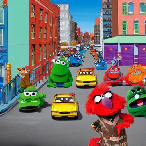 Image similar to wide angle shot of traffic on sesame street with muppets colorful cel shading, cookie monster, elmo, oscar the grouch