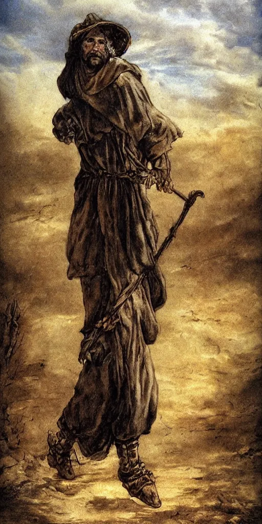 Image similar to Goya medieval peasant walking by a Luis royo background sky airbrush art