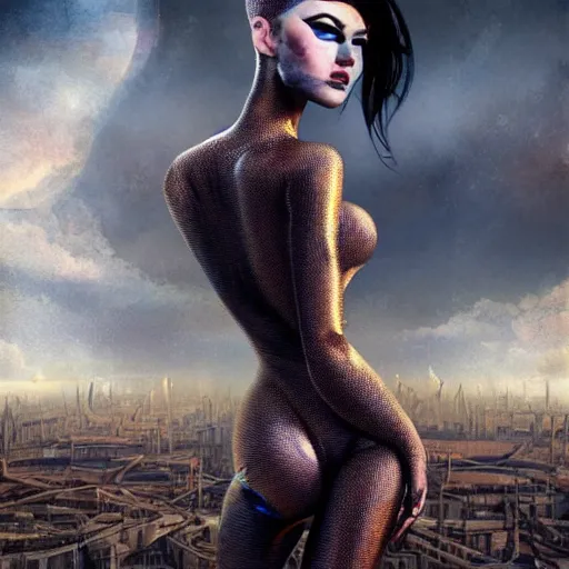 Prompt: Ultrarealist illustration of a very beautiful dollpunk wearing Abstract tech bodysuit, in front of a ruined city, focus, realistic eyes, symmetric body features proportions, golden ratio, ultra intricate details, award winning, unreal render, by Tom Bagshaw