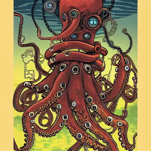 Image similar to stunning portrait of a mechanical octopus in a dramatic setting by brian k. vaughan