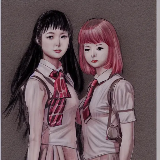 Prompt: a perfect, realistic professional digital sketch of two Japanese schoolgirls posing, 1970s, in style of Marvel, full length, by pen and watercolor, by a professional American senior artist on ArtStation, a high-quality hollywood-style sketch, on high-quality paper