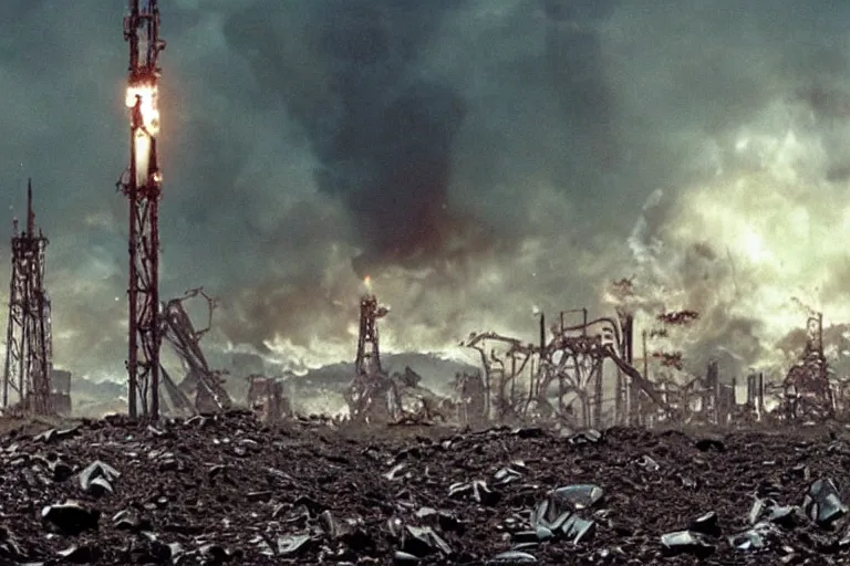 Prompt: An apocalyptic scene of A nestle oil derrick destroyed after the alien invasion, 70mm Imax, Cinematic, Film Still, Directed by Michael bay