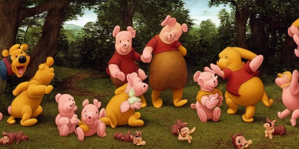 Image similar to A renaissance painting of winnie the pooh hunting piglet, high detail, hyper realistic,