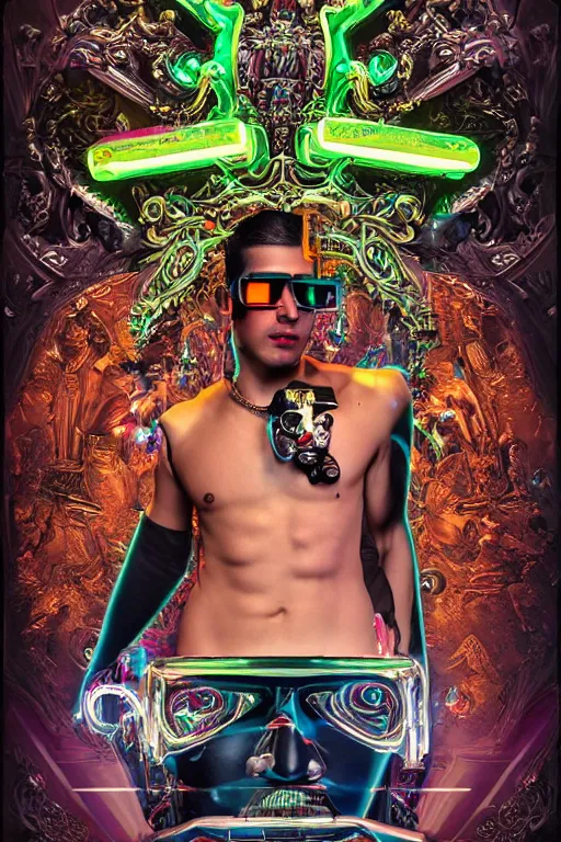 Prompt: full-body neon chrome bladerunner and baroque style sculpture of a young handsome Cuban prince wearing cholo shades as a half android with a porcelain chest opening exposing circuitry and electric sparks, glowing laser beam eyes, crown of giant diamonds, flowing neon-colored silk, fabric, raptors. baroque elements. full-length view. baroque element. intricate artwork by caravaggio. many many birds birds on background. Trending on artstation, octane render, cinematic lighting from the right, hyper realism, octane render, 8k, depth of field, 3D