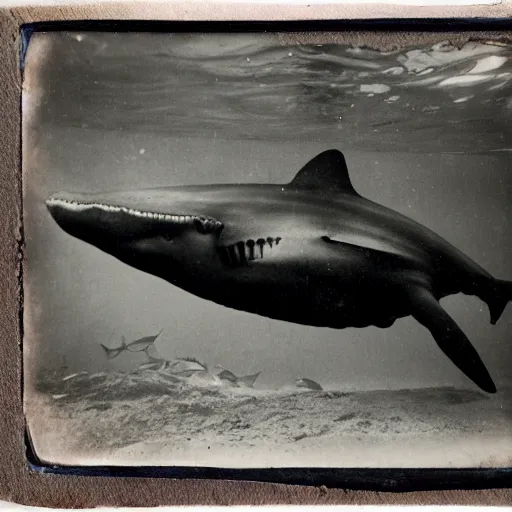 Image similar to underwater tintype photo of whale eating a shark