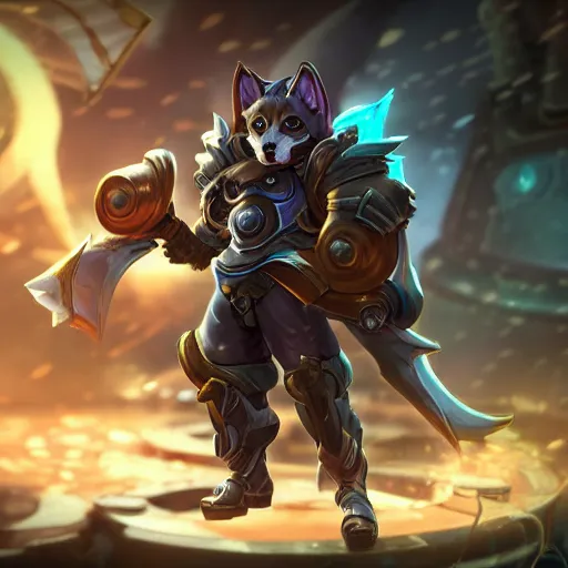 Image similar to stunning cybernetic shiba inu warrior as a league of legends character, michael maurino, alex flores, paul kwon, cinematic, highly detailed, concept art, 3 d cgi, dramatic lighting, focus, smooth, heroic, hyper realistic background, in the style of league of legends, lol