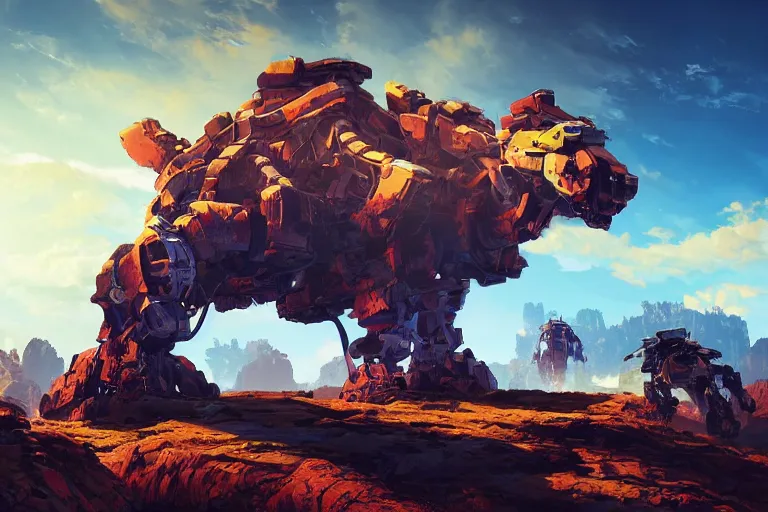 Image similar to rockbreaker machine mecanical creature robot of horizon forbidden west horizon zero dawn radiating a glowing aura global illumination ray tracing hdr fanart arstation by ian pesty and alena aenami artworks in 4 k