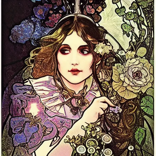 Image similar to Alice in Wonderland,Diamonds Blaze,Rose twining,out of time and space,dreamy, eternity, romantic,highly detailed,in the style of Alphonse Maria Mucha, highly detailed,night lighting