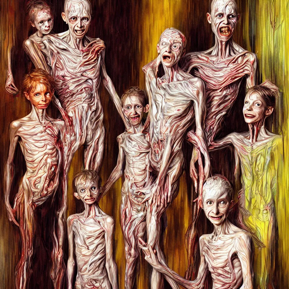 Image similar to bright realistic anorexic family turning into a god and smiling franticly, old apartment, rotten flesh, diffuse lighting, fantasy, intricate, elegant, highly detailed, lifelike, photorealistic, digital painting, artstation, illustration, concept art, smooth, sharp focus, art by francis bacon and jenny saville