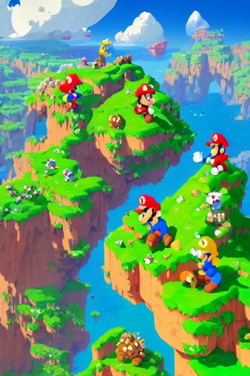 Prompt: epic landscape of super mario world stylized as fornite style game design fanart by concept artist gervasio canda, behance hd by jesper ejsing, by rhads, makoto shinkai and lois van baarle, ilya kuvshinov, rossdraws global illumination radiating a glowing aura global illumination ray tracing hdr render in unreal engine 5