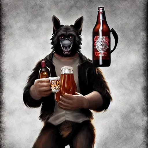 Prompt: a humanoid german shepherd beast - man in clown style, holding a bottle of beer, artstation, concept art, smooth, sharp foccus ilustration, artstation