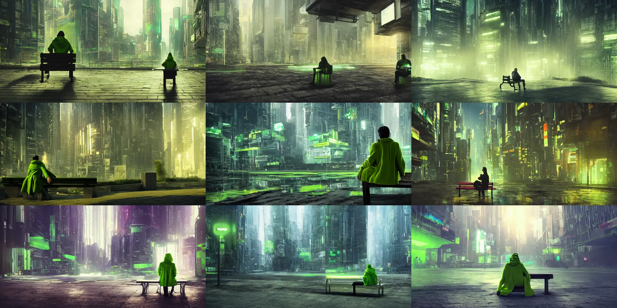 Prompt: Lone adventurer in a lime green coat sitting on a bench in a cyberpunk dystopian megalopolis, beautiful digital art, dramatic volumetric lighting, epic composition, detailed, 4K ultra HD, Octane render