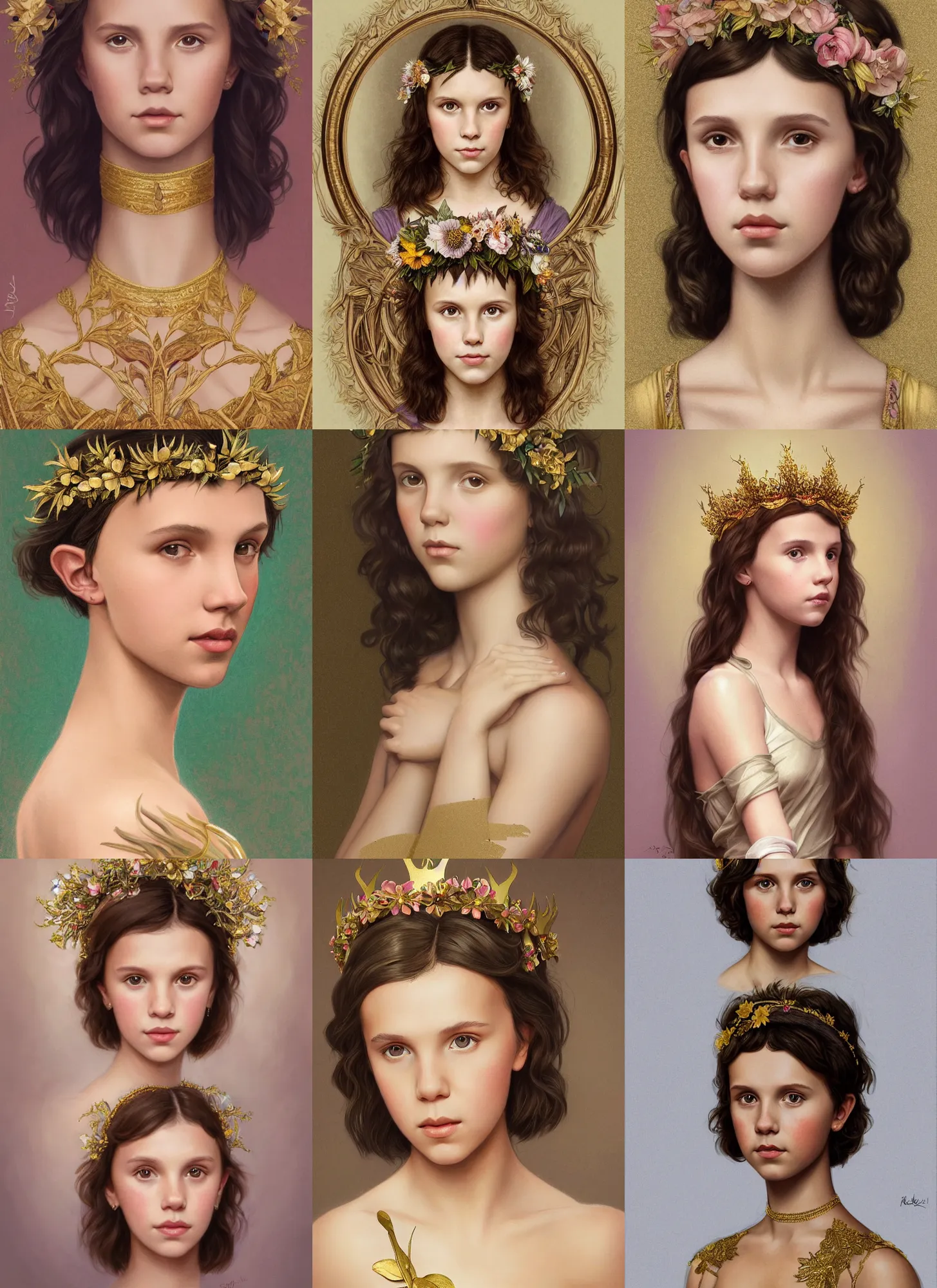 Prompt: portrait of millie bobby brown wearing a floral crown, olive skin, long dark hair, beautiful bone structure, shiny gold background, intricate, elegant, highly detailed, digital painting, artstation, concept art, smooth, sharp focus, illustration, bouguereau, rutkowski, mucha