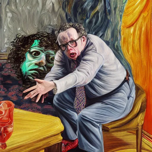 Image similar to high quality high detail painting of todd solondz portrait, tripping on lsd, showing strong fear, by lucian freud and francis bacon, hd, photorealistic lighting
