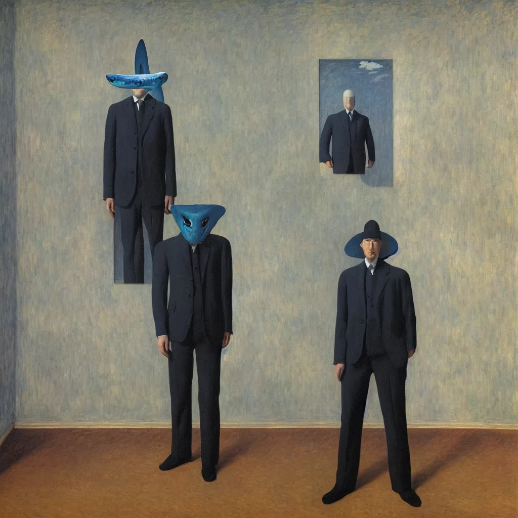 Prompt: self portrait of a shark humanoid man in an empty room, by rene magritte, monet, and turner