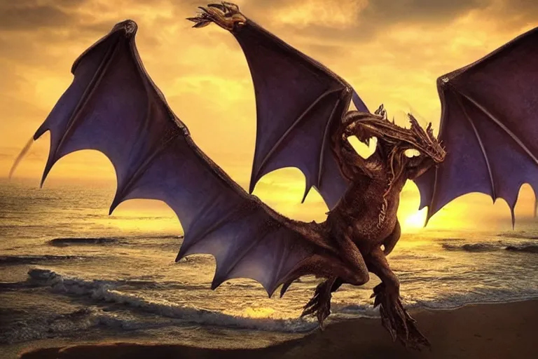 Prompt: beautiful occult dragon flying over the sunset on a beach, trending on Artstation, visually stunnning, matte painting, award-winning