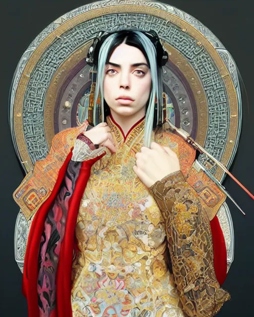 Prompt: portrait of a turkish masculine female billie eilish cyberpunk machine, machine face, full body portrait, decorated with ottoman opera motifs, muscular, asian, fine china, wuxia, traditional chinese art, intricate intense elegant, highly detailed symmetry headpiece digital painting artstation concept art smooth sharp focus illustration, art by artgerm and greg rutkowski alphonse mucha 8 k