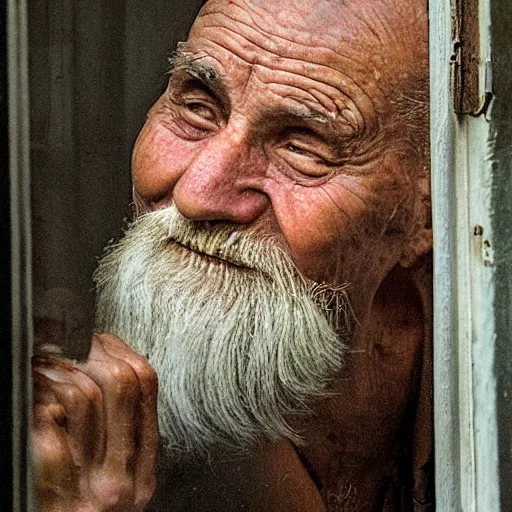 Image similar to an old man eating seen through a window