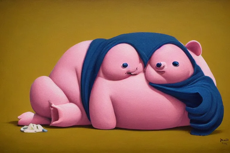 Image similar to a highly detailed pink chubby stuffed animal with dark blue shirt, on a couch, full body, wide angle, an ultrafine detailed painting by joe fenton, trending on deviantart, pop surrealism, whimsical, lowbrow, perfect symmetrical face, sharp focus, octane, masterpiece