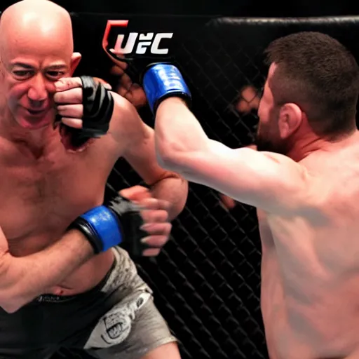 Image similar to jeff bezos fighting a hobo at ufc 2 6 9, photorealistic picture, dslr, 8 k, high fidelity, action shot