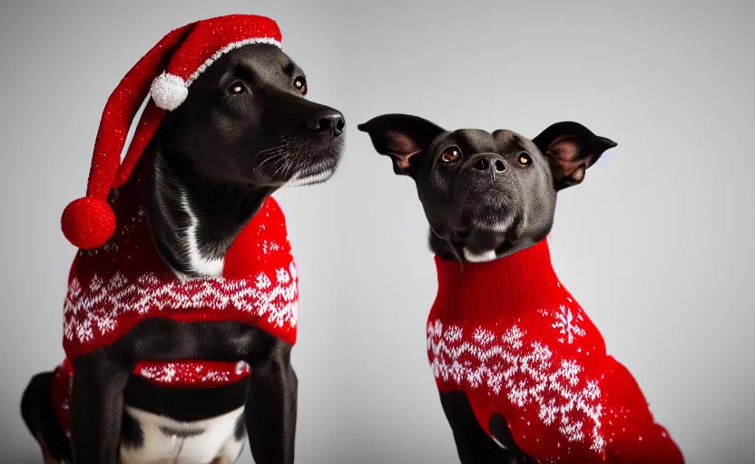 Image similar to studio photography of a dog wearing a woolen christmas sweater, detailed face, cinematic lighting, 8 k