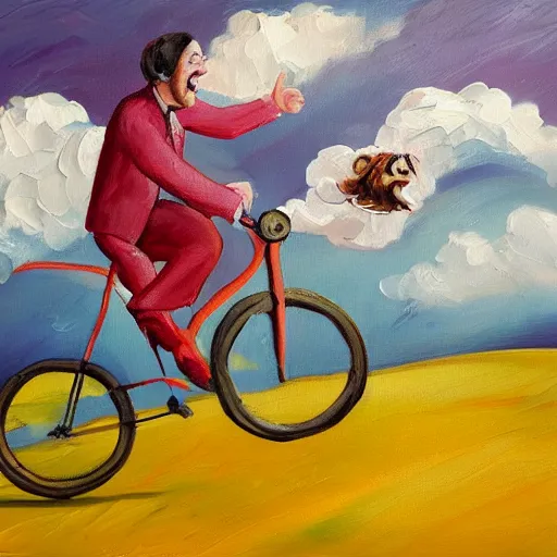 Image similar to A whimsical painting of a happy man flying in the sky on his bicycle in the clouds, action shot, subject is smiling, expressive oil painting