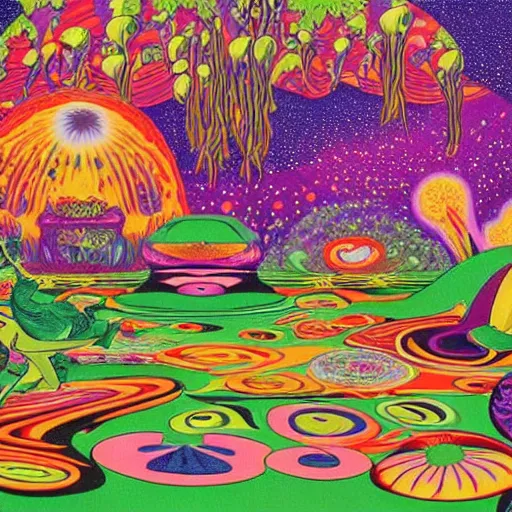 Image similar to psychedelic trippy couch in the lush forest, planets, flowers, mushrooms milky way, sofa, cartoon by carl barks
