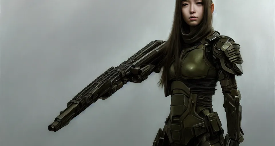 Image similar to a photorealistic painting of an attractive young girl, clothed in stealth-like battle armor, a giant sci-fi sniper rifle, olive skin, long dark hair, beautiful bone structure, symmetrical face, perfect eyes, intricate details, elegant, digital painting, illustration, sharp focus, minimal artifacts, from Metal Gear, in the style of Ruan Jia and Mandy Jurgens and Greg Rutkowski, trending on Artstation, award winning, unreal engine, octane render