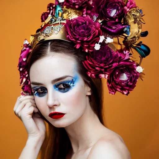 Image similar to a creative portrait of a beautiful female model, beauty shot, horn headpiece, floral painted backdrop, photography, creative makeup, female character, canon eos r 3, f / 1. 4, iso 2 0 0, 1 / 1 6 0 s, 8 k, raw, unedited, symmetrical balance, in - frame